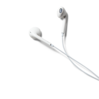 A pair of white wired earbuds with gray accents, positioned against a black background, evoke a sense of emotional healing and can be a tool for mental health support through music or meditation.