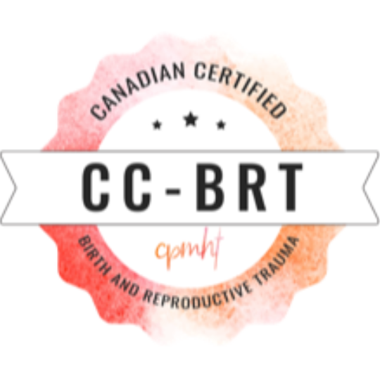 A circular badge with a watercolor background reads "Canadian Certified CC-BRT" and "Birth and Reproductive Trauma" with "cpnht" in cursive in the center.