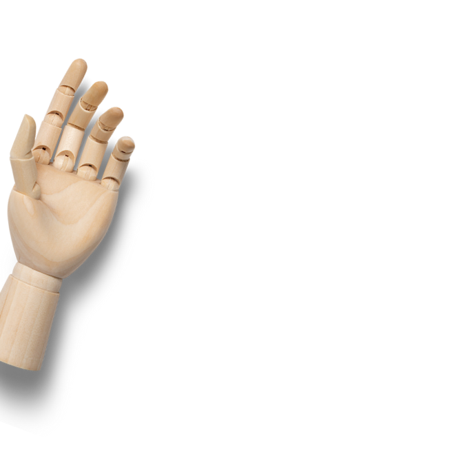 A wooden mannequin hand with movable joints is raised against a black background, evoking themes often explored in mental health workshops, with the fingers slightly curled and the thumb pointing outward.