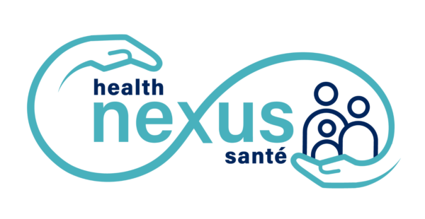 Logo with the words "health nexus santé" inside a blue infinity symbol formed by two hands, with an outline of a family of three on the right side.