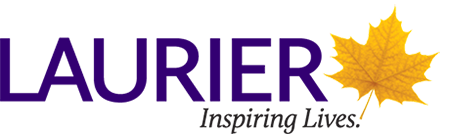 Logo for Wilfrid Laurier University featuring the university’s name in purple text with a yellow maple leaf to the right and the tagline "Inspiring Lives" in black text below.