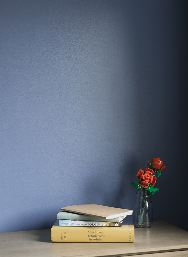 A small stack of books and a closed notebook sit on a table next to a clear glass jar holding red Lego roses, creating a calming space that could belong to a trauma psychologist, against a plain blue wall.